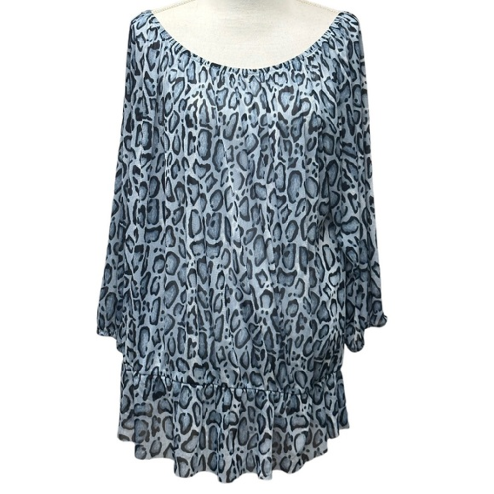 Lane Bryant Off or On the Shoulder Womens Blouse Blue Leopard Plus Size 22/24